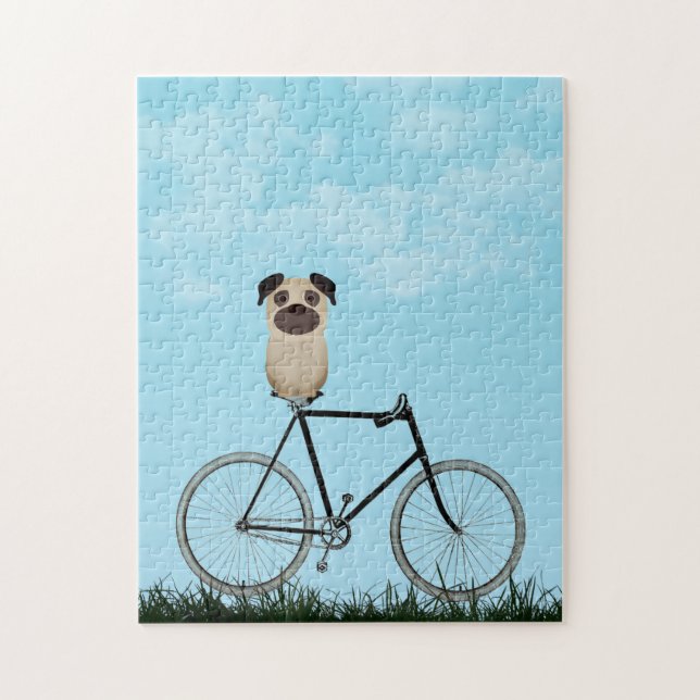 Pug Dog Sentado na Bicicleta Vintage Quebra-cabeça (Vertical)