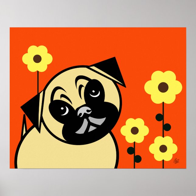 Pug E Flor Amarelo No Poster De Fundo Laranja (Frente)
