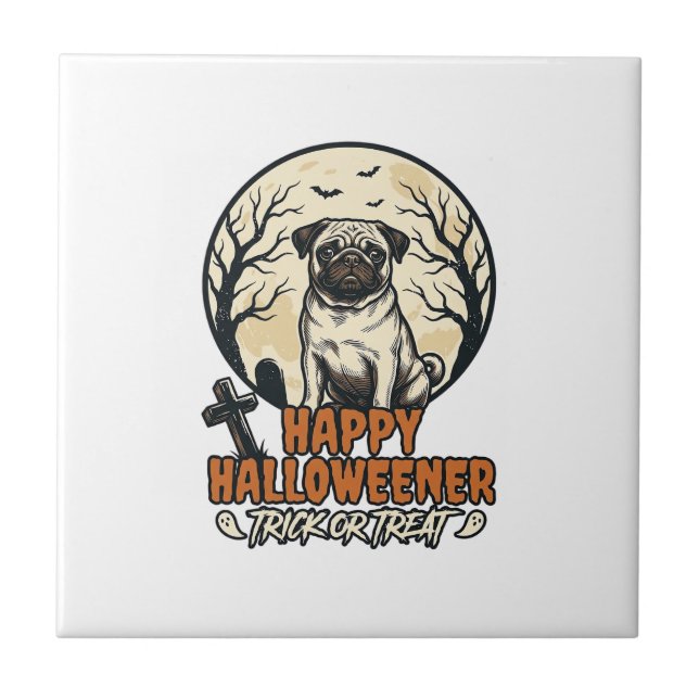 Pug Halloween Doces ou Travessuras Desenho de Grav (Frente)