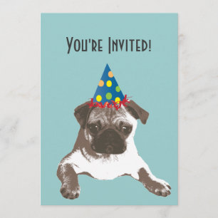 Pug simples no convite de aniversário do chapéu