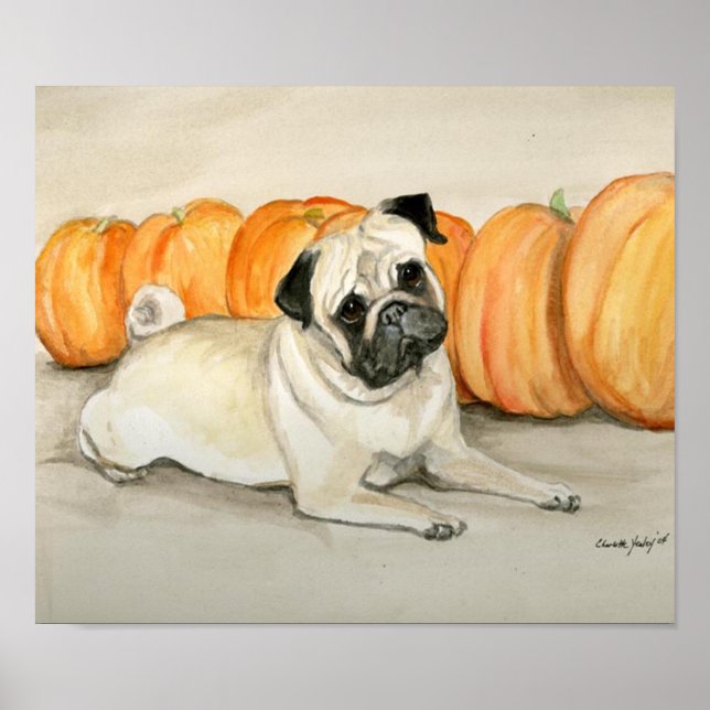 "Pug with Pumpkins" Impressão de Arte Canina (Frente)