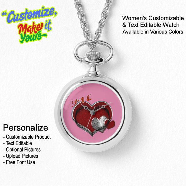 Pulseira Relógio Prata Coração Mágico Face Rosa (Women's Heart Magic Silver Necklace Watch Featuring a Pink Face.)