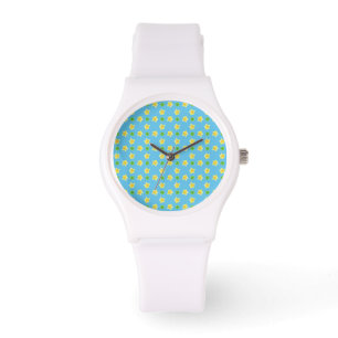 Pulso Primroses e Polkas de relógio branco em Turquesa