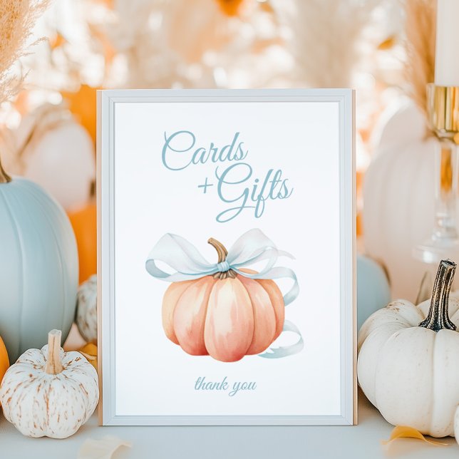 Pumpkin Blue Bow Cards & Gifts Table Sign Poster (Criador carregado)