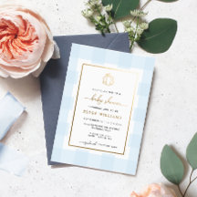 Pumpkin Blue Gingham Chá de fraldas Foil Convite