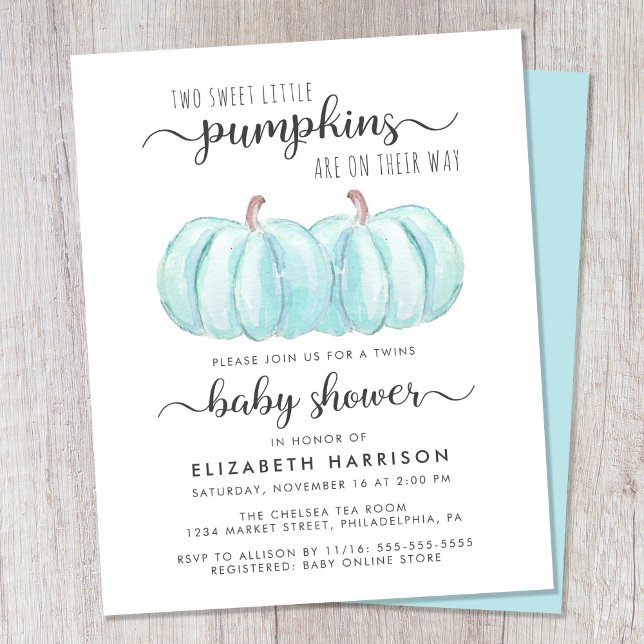 Pumpkin Blue Twin Baby Boys Convite para Chá (Celebrate the upcoming arrival of your autumn twin baby boys with a pumpkin-themed baby shower)