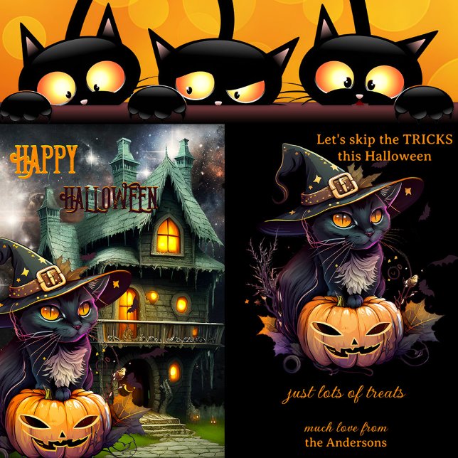 Pumpkin Cat Fantasy Halloween Cartão de Férias de  (Halloween card featuring a kitty wearing a witch hat, with a pumpkin and haunted house with bats)