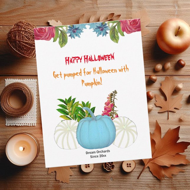 Pumpkin De Cor Azul Branco Molha Verde Floral (White Blue Fall Pumpkin Watercolor Floral Greenery)