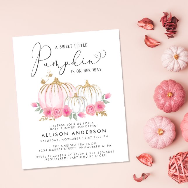Pumpkin Floral Watercolor Baby Girl Chá (Celebrate the upcoming arrival of your sweet autumn baby girl with a pumpkin-themed baby shower)