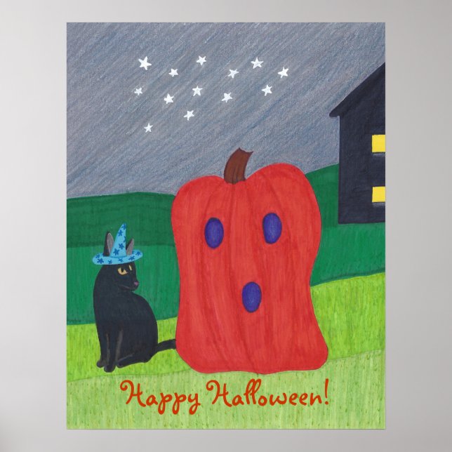 Pumpkin Ghost and Wizard Cat Halloween Posters (Frente)