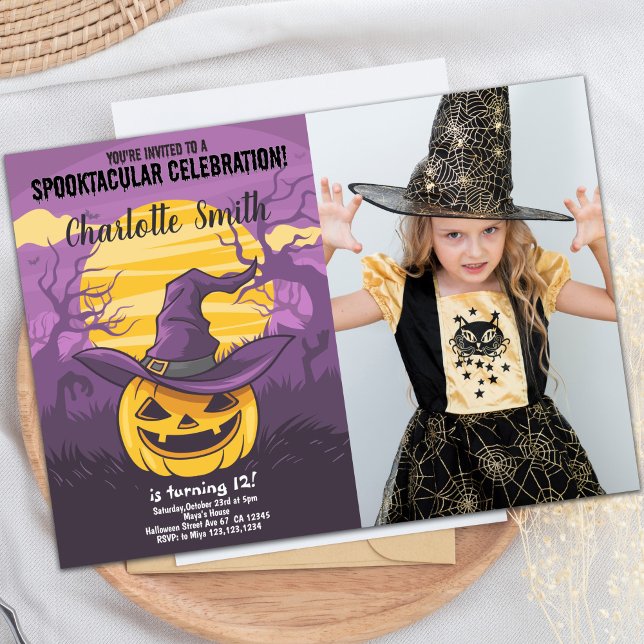 Pumpkin Halloween Convite de Aniversário com foto (Pumpkin Halloween Birthday Invitations w photo)