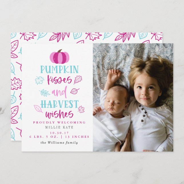 Pumpkin Kisses & Harvest Deseja Anúncio de Nascime (Frente/Verso)