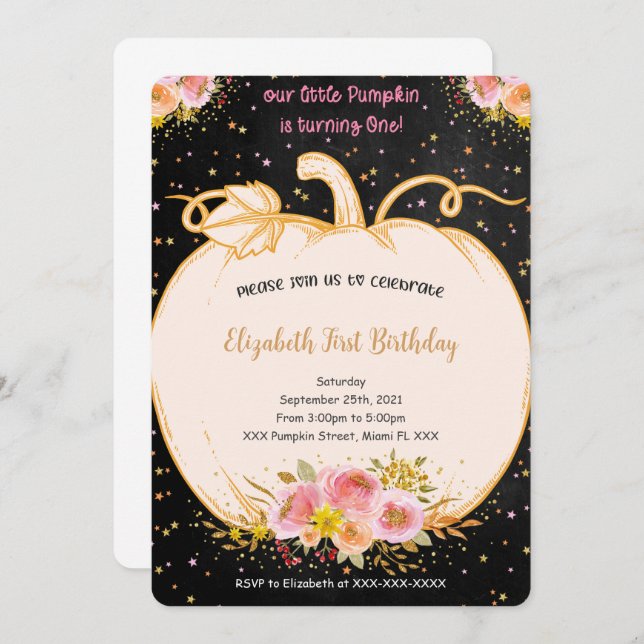 Pumpkin Primeiro Convite de Aniversário (Frente/Verso)