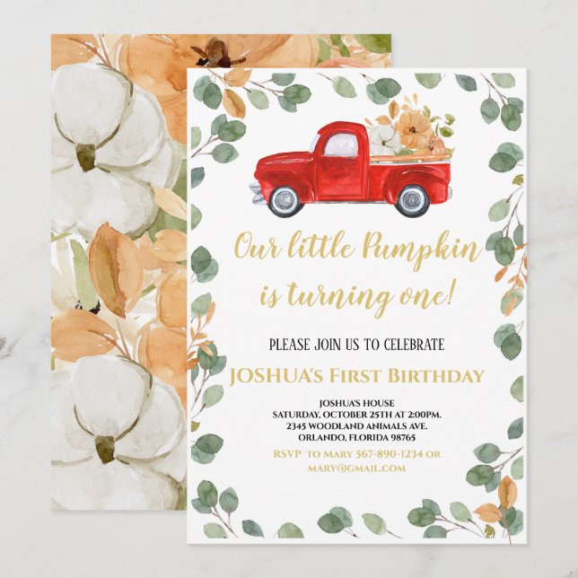 Pumpkin Primeiro Convite de Aniversário (Frente/Verso)