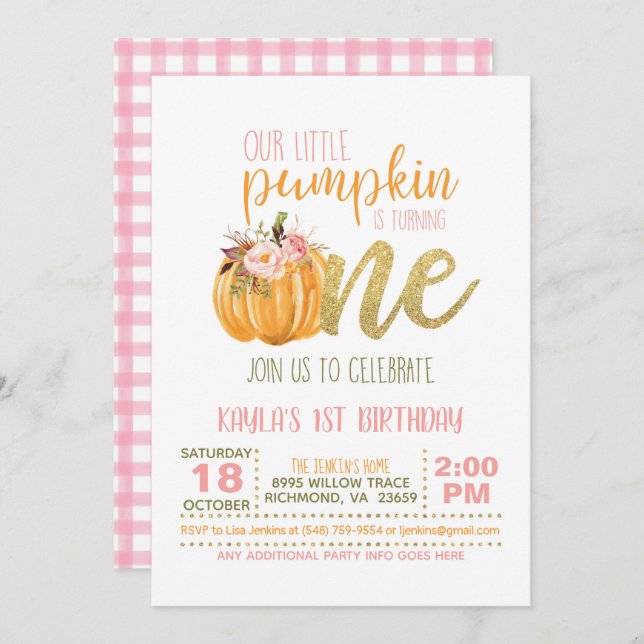 Pumpkin Primeiro Convite de Aniversário - Rapariga (Frente/Verso)