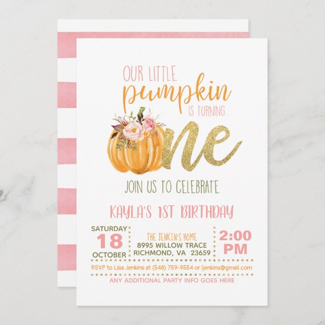 Pumpkin Primeiro Convite de Aniversário - Rapariga (Frente/Verso)