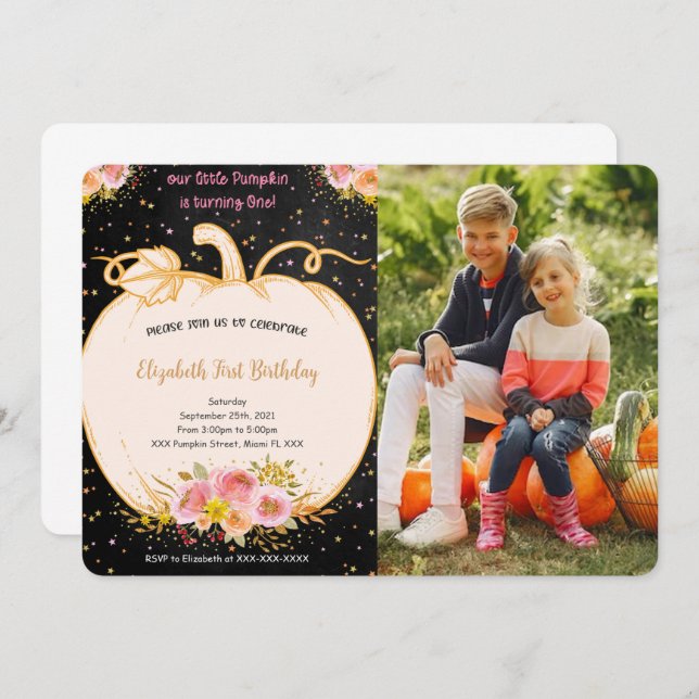 Pumpkin Primeiro Convite Fotográfico de Aniversári (Frente/Verso)