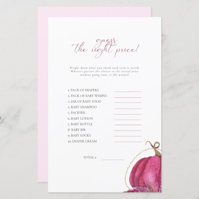 Pumpkin Rosa Adivinha O Jogo Do Chá de fraldas De  (Frente/Verso)