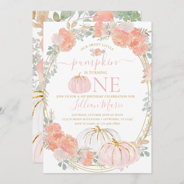 Pumpkin Rosa Primeiro Convite de Aniversário (Frente/Verso)