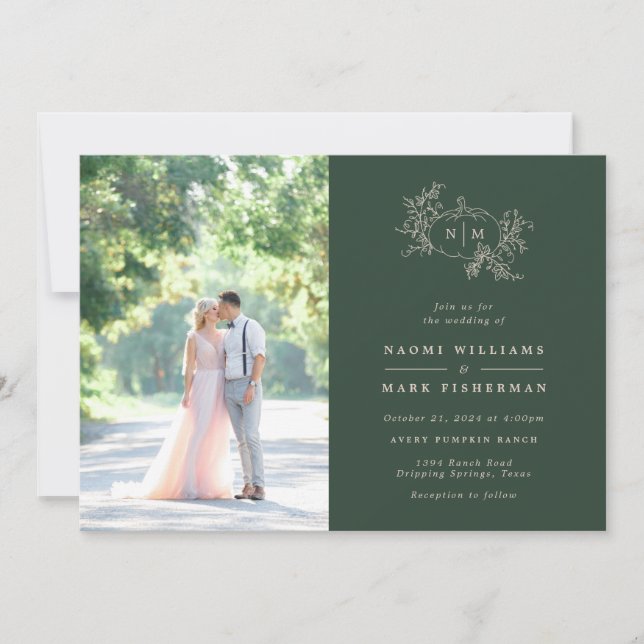 Pumpkin Vines Monograma Convite para Casamento (Frente)