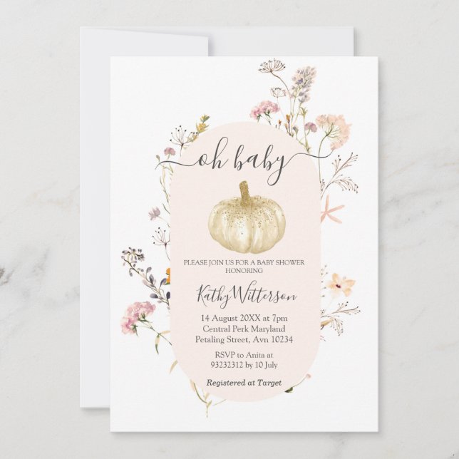 Pumpkin Wildflower Watercolor Baby Show Convite (Frente)