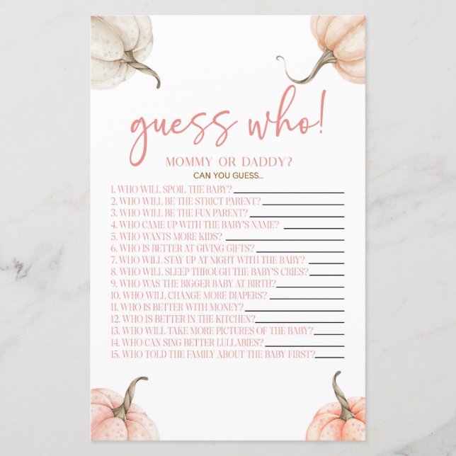 Pumpkins Rosa Cai Adivinha Quem Chá de fraldas Jog (Frente)