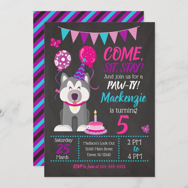 Puppy Birthday Convite Rapariga Rouco-Pata (Frente/Verso)
