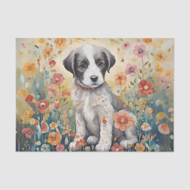 Puppy cercado por flores Papel Tecido de Decoupage (Frente )