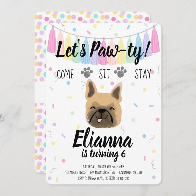 Puppy Dog Frenchie Girl Birthday Pawty Convite (Frente/Verso)