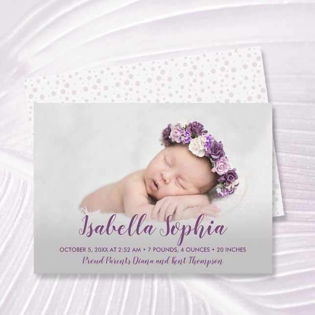 Purple Baby Girl Photo Birth Announcements (Criador carregado)