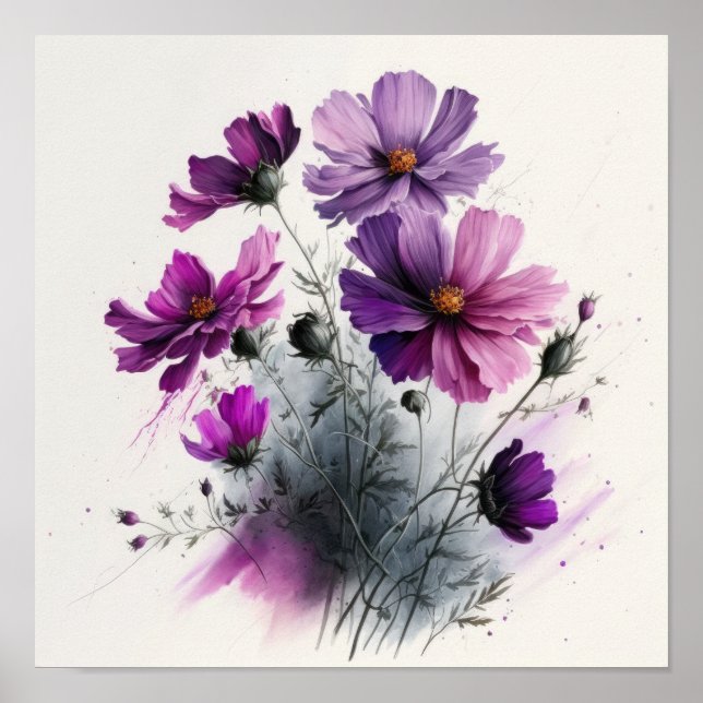 Purple Cosmos Flowers Art Impressão Poster (Frente)