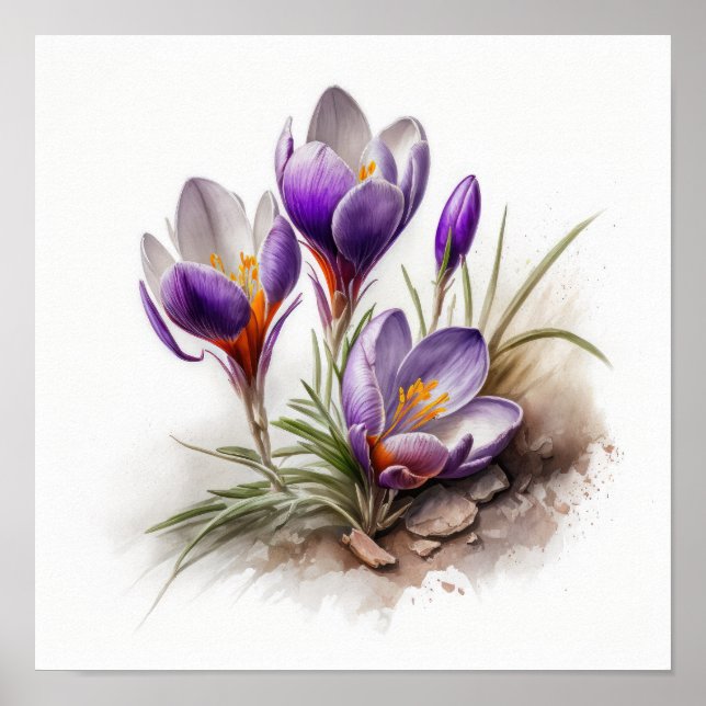 Purple Crocus Flowers Art Impressão Poster (Frente)