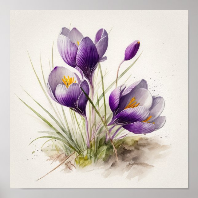 Purple Crocus Flowers Art Impressão Poster (Frente)