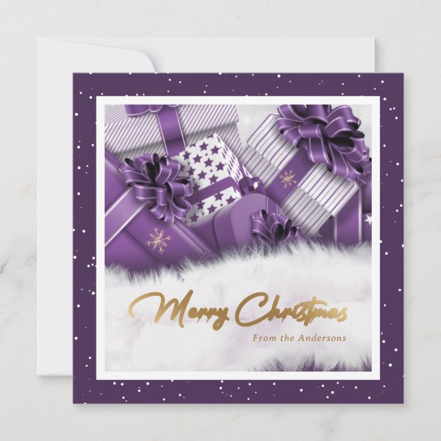 Purple Faux Gold Foil Snow Oferece Cartões de Nata (Frente)