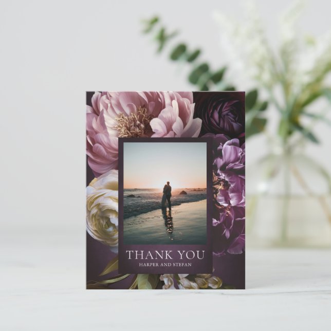Purple Fine Art Floral Budget Wedding Thank You (Em pé/Frente)