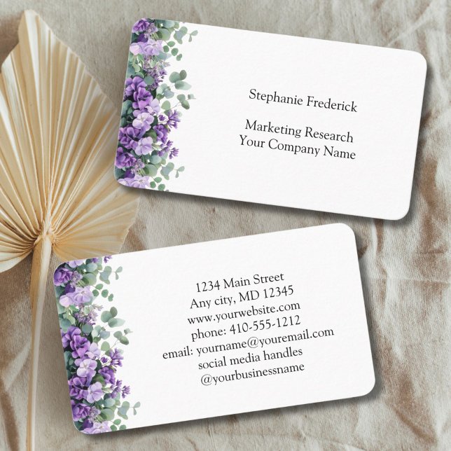 Purple Floral Eucalyptus Feminine Cartão de visita (Purple Eucalyptus Floral Business card for her. Hairstylist, Florist, Event Planner, Nail Salon)