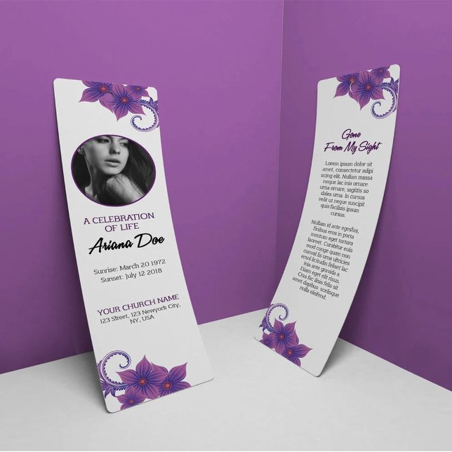 Purple Floral Funeral Bookmark Template (Criador carregado)