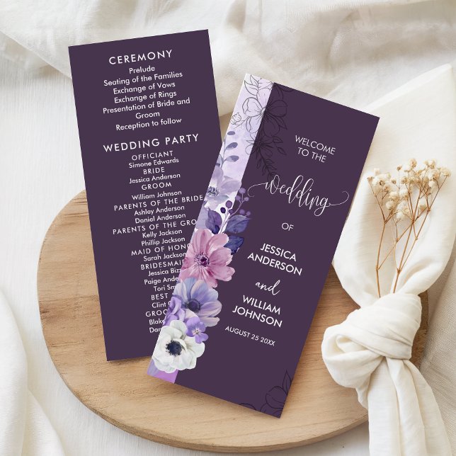 Purple Floral Wedding Program Card (Criador carregado)