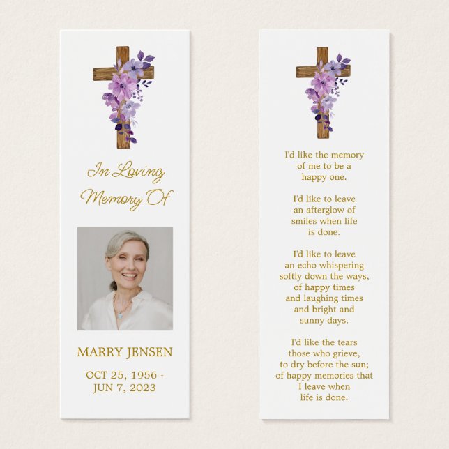 Purple flower Cross Photo Funeral Bookmark (Frente & Verso)