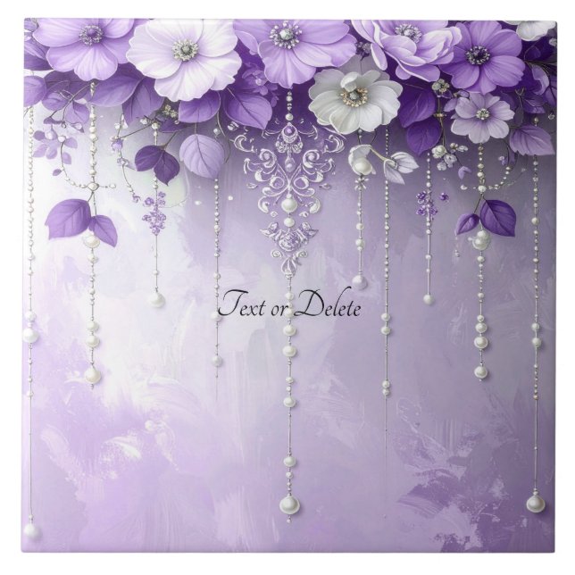 Purple Flowers with Dangling Pearls Ceramic Tile (Frente)