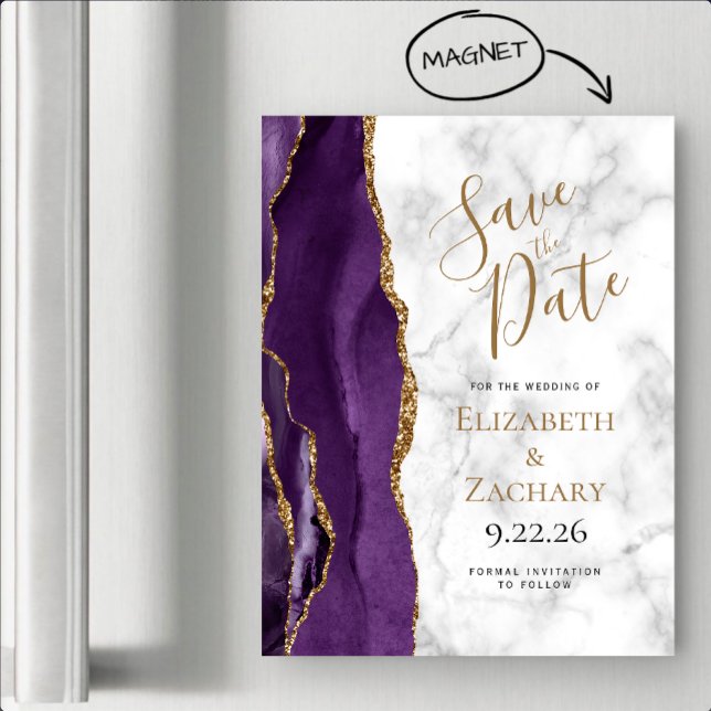 Purple Gold Agate Marble Magnetic Save the Date (Criador carregado)