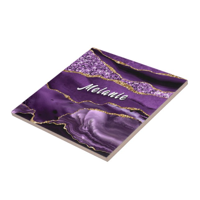  Purple Gold Glitter Ceramic Tile Gift Custom Name (Lateral)