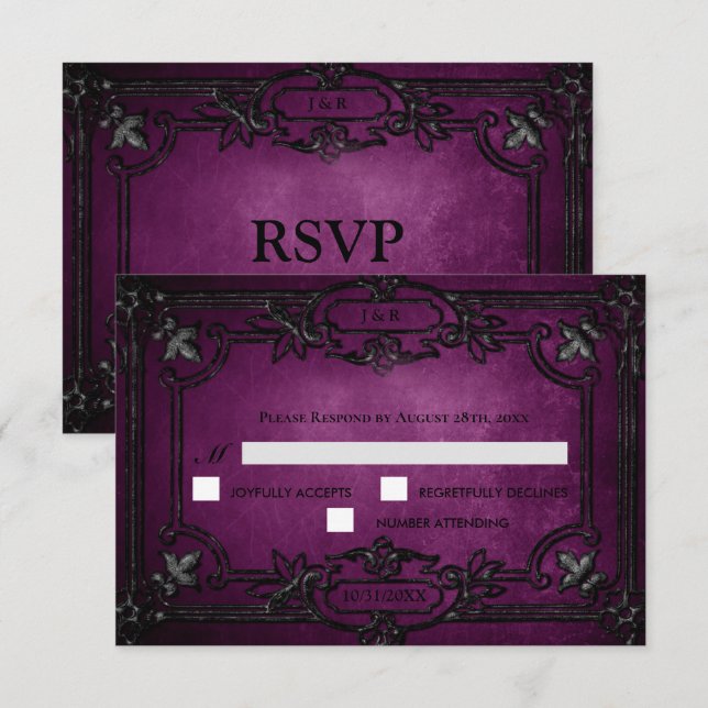Purple Gothic Halloween Wedding RSVP Card (Frente/Verso)