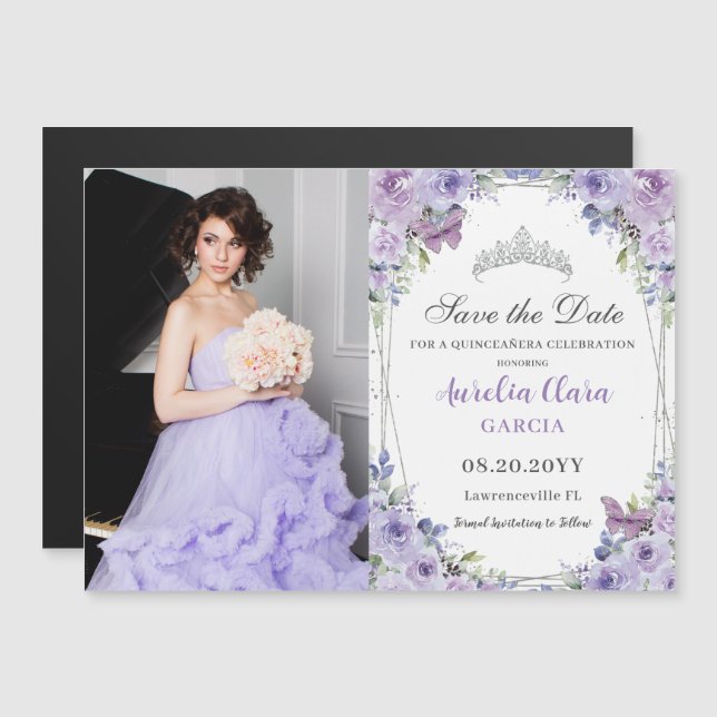 Purple Lilac Floral Quinceañera 16th Salvar a Data (Frente/Verso)