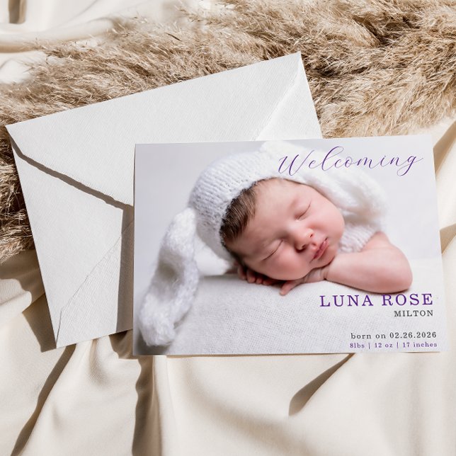 Purple Minimalist Photo Baby Announcement Card (Criador carregado)