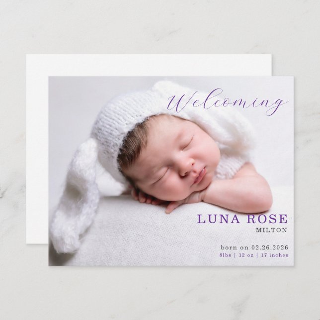 Purple Minimalist Photo Baby Announcement Card (Frente/Verso)