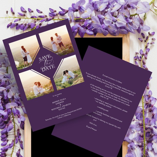 Purple Minimalist Wedding Fancy 4 Photos Collage (Criador carregado)