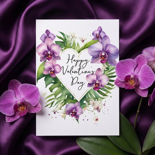 Purple Orchid Watercolor Tropical Valentine's Card (Criador carregado)