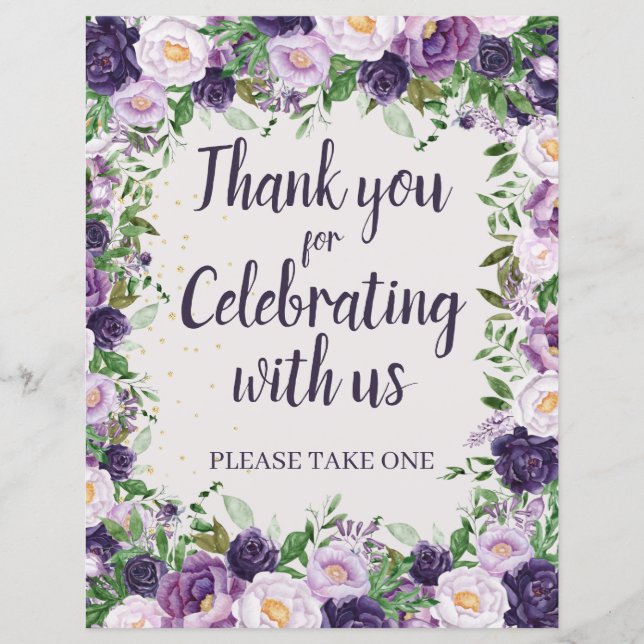 Purple Peonies Floral Thank You Party Favor (Frente)