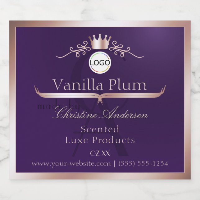 Purple Product Label Rose Gold Frame Logo Monogram (Rótulo Único)